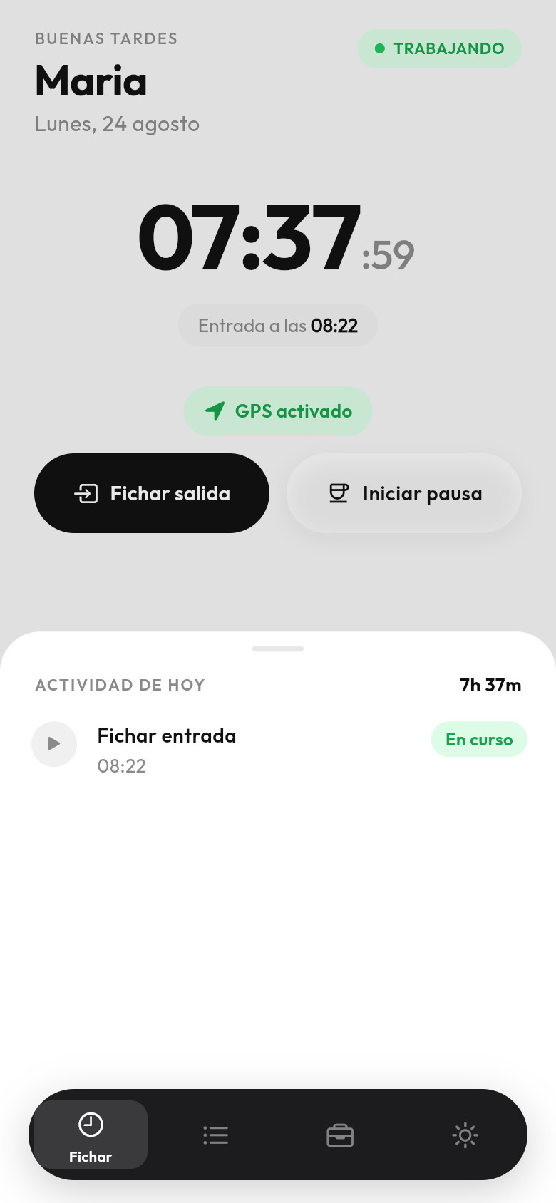 Pantalla de fichaje de Fitxem con cronómetro en vivo y actividad del día